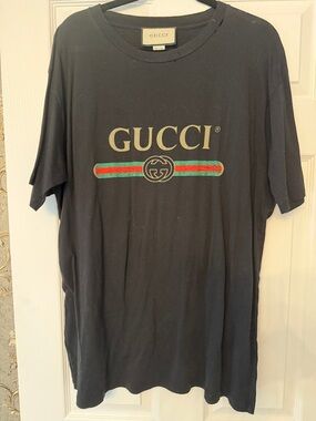 Gucci Black Tee distressed with Green and Red Web Stripe and Gold Logo